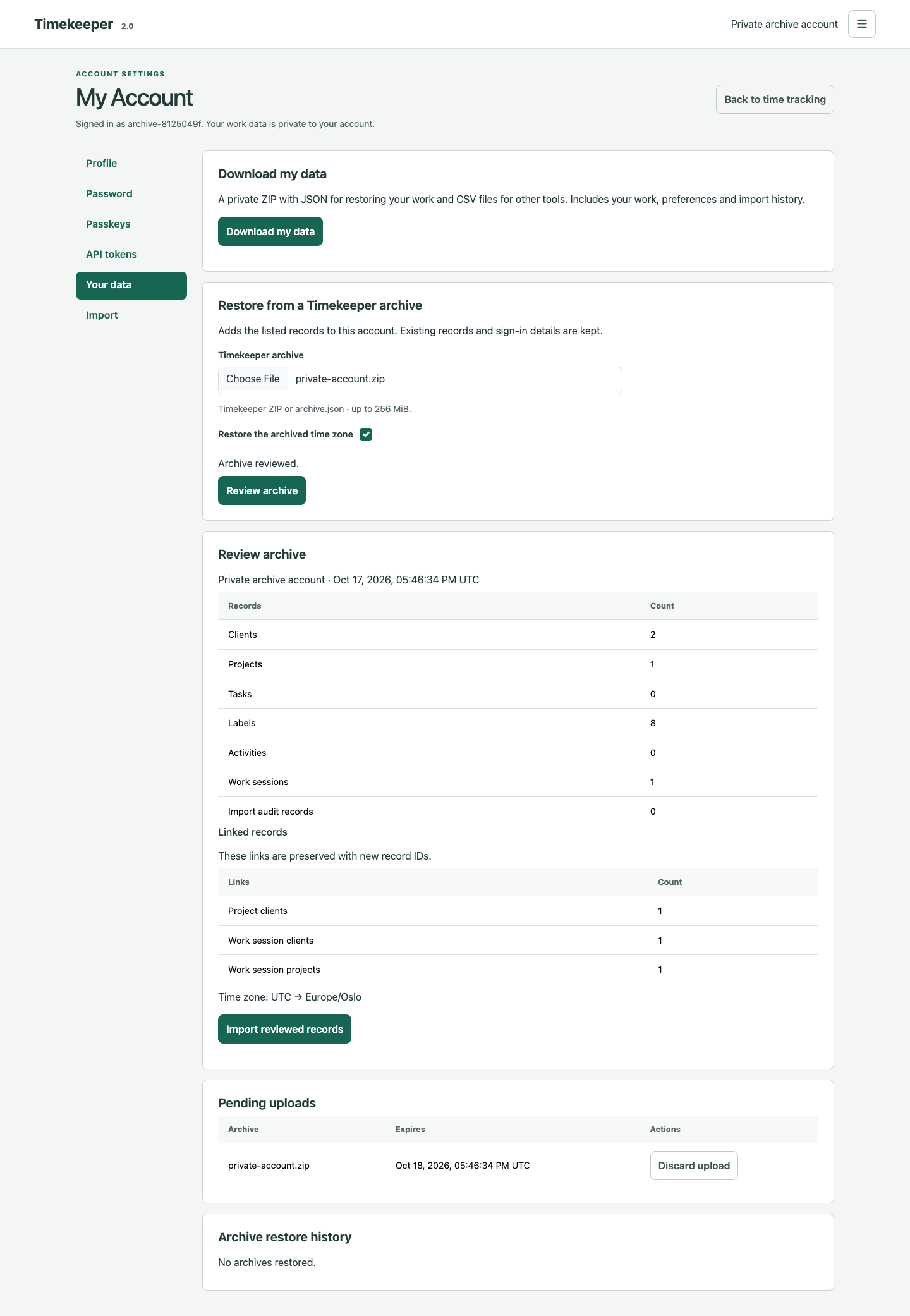 Account archive review on desktop