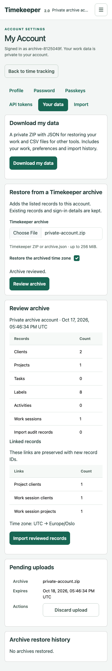 Account archive review on a narrow screen