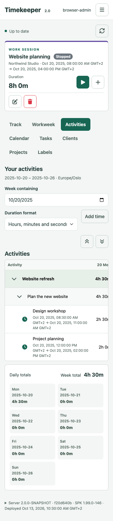 Activities and daily totals on a narrow screen