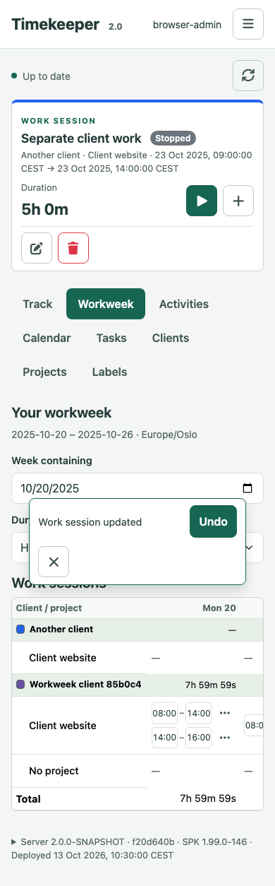 Compact Workweek sessions on a narrow screen
