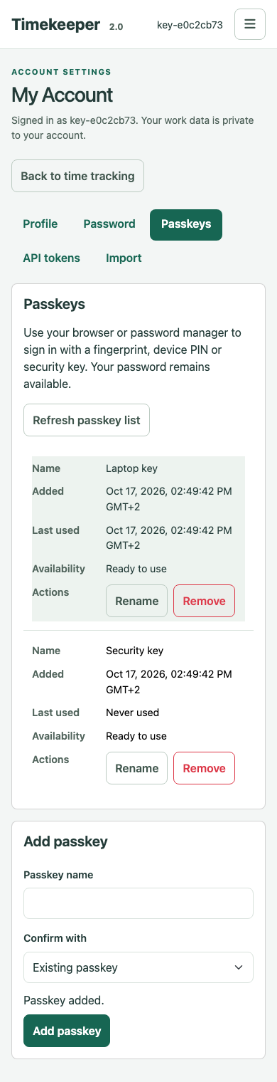 Passkey management on a narrow screen