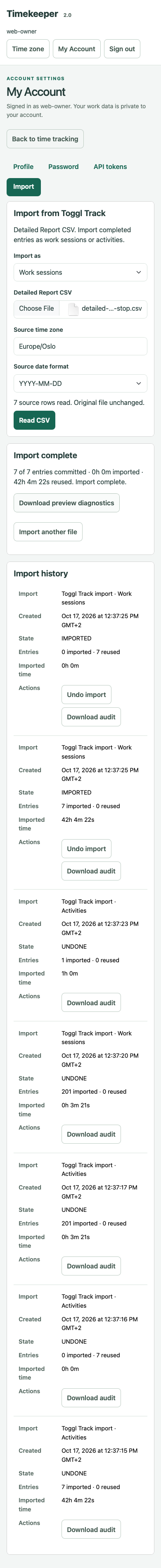 Import history on a narrow screen